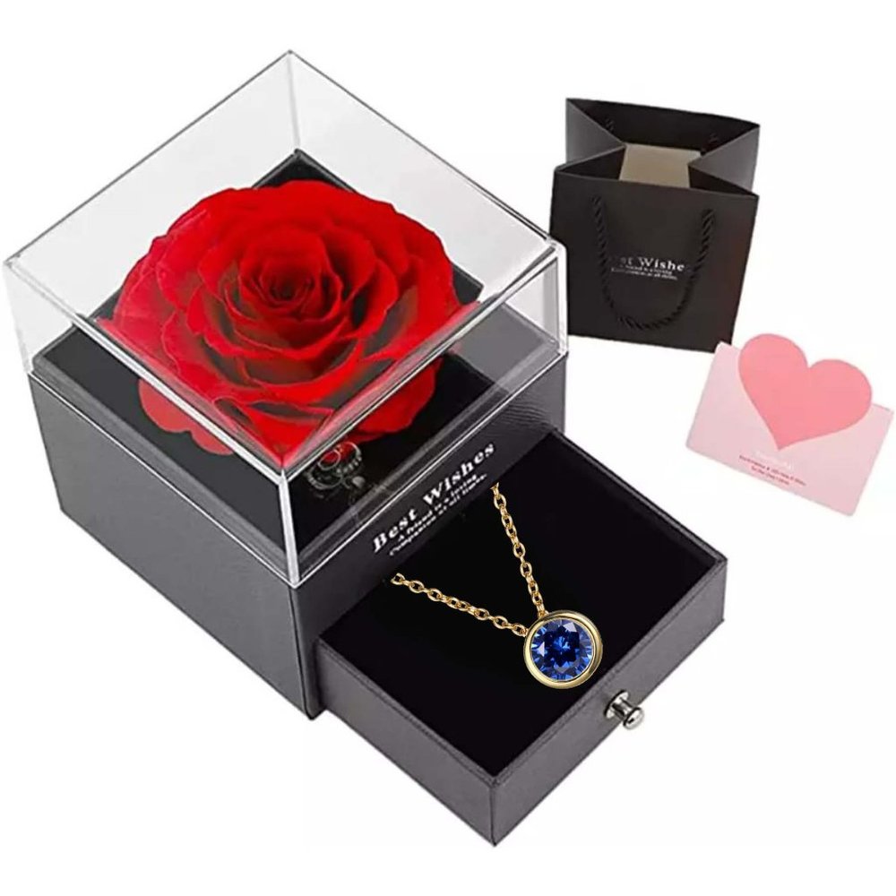 Preserved Rose In a Acrylic Box with Gold Plated September Birthstone Necklace